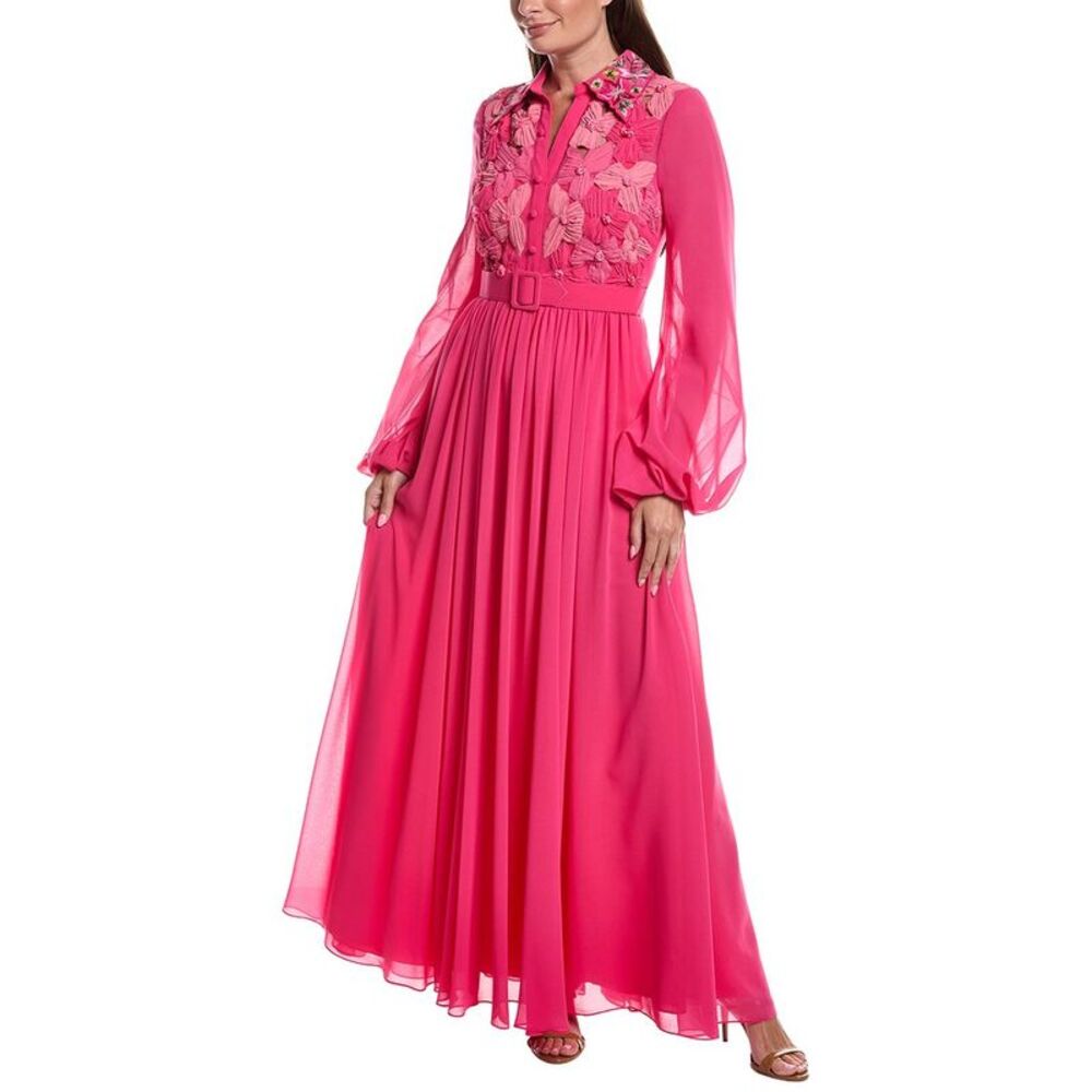Badgley Mischka Womens Floral Embroidered Shirt Dress, Pink